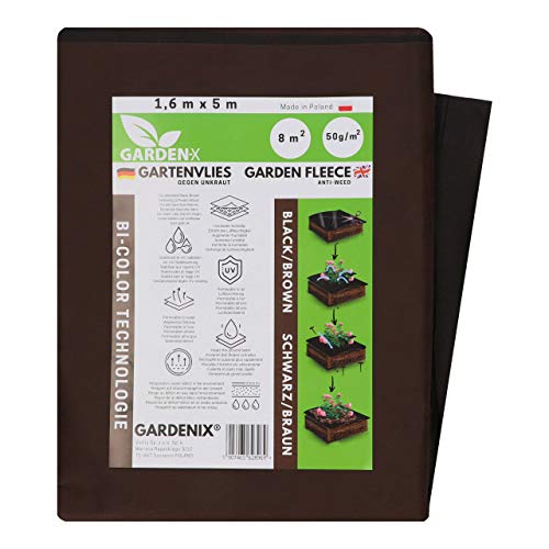 GARDENIX® 8 m² De Doble Cara marrón/Negro Tela para Control de maleza 50g/m² de jardín vellón de protección contra malezas Alta estabilización UV Permeable al Agua (1,6m x 5m)