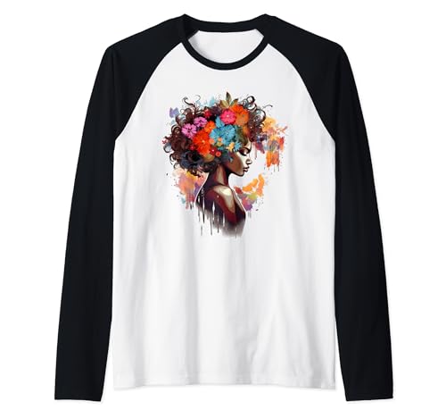 Donne africane melanina floreale capelli neri afro Maglia con Maniche Raglan