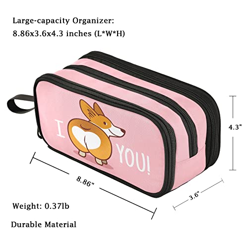 Image of Fustylead Cute Smiling Welsh Corgi Dog Large Pencil Pen Case Stationery Bag, Big Capacity 3 Compartments School College Office Desk Organizer Storage Pouch Marker for Teen Boys Girls Students