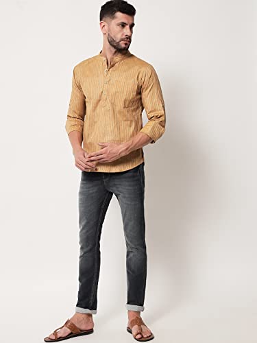 Image of Vastraa Fusion Men's Handloom Weaving Pure Cotton Short Kurta, Round Collar, Full Sleeves,Button Kurta, Ethnic Wear