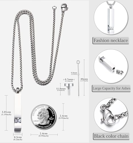 Milacolato 2 Stück Urnen-Anhänger für Gedenkstätten, Schmuck, Asche, Edelstahl, Schwarz, mit CZ-Halskette, Edelstahl, Zirkon