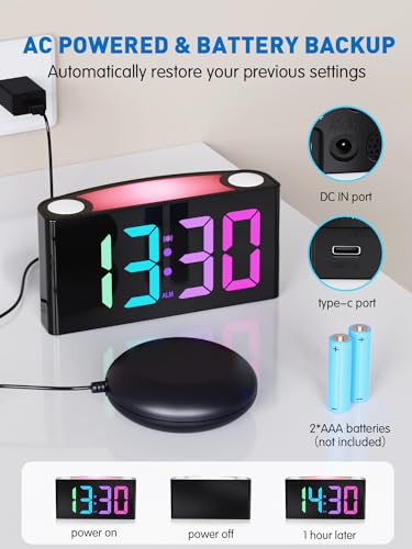 PPLEE Vibrating Alarm Clock for Heavy Sleepers Adults Kids & Seniors, Bed Shaker Alarm Clock with 3 Wake-Up Modes, 7.5" RGB Large Display, Loud Alarm, Night Light, USB & Type-C Charger, Battery Backup — view 6