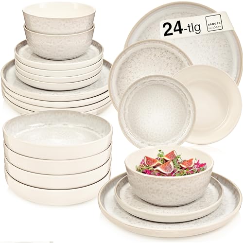 SÄNGER Key West | Steingut Geschirr Set 24 tlg, Teller Set 6 Personen, 6x Speiseteller, Müslischalen, Dessertteller, Pastaschalen, Tafelservice Creme Farben mit Sandiger Maserung | VALUE COLLECTION