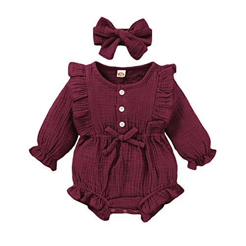 Baby Girl Romper Jumpsuit Infant Maroon Rompers Ruffle Sleeve Jumpsuit Solid One-Piece Bodysuit Onsies Baby Girl Fall Outfits 6-12 Months