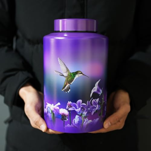 Image of Large Purple Metal Cremation Urns for Human Ashes, for Adult Female | 220 lbs Capacity, Hummingbird Design, Sealing Well & Durable & Waterproof, Stainless Steel, Funeral Women Ash Keepsake