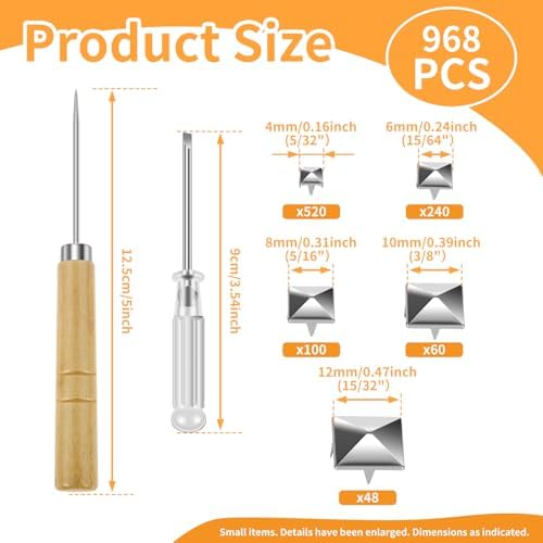 968 Pcs Assorted Sizes Square Pyramid Studs with Storage Box, Pry Bar Tool and Screwdriver for Clothing Bag Leather Shoes Jewelry Craft 4 Prong Stainless Steel Studs Spikes Accessories - 2