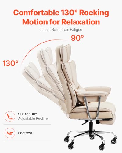 Image of VEVOR Executive Office Chair with Footrest, 400lb Capacity Oversize Office Chair with Lumbar Pillow & Removable Armrests, Heavy Duty Ergonomic Chair, PU Leather Reclining Home Office Desk Chair, Brown
