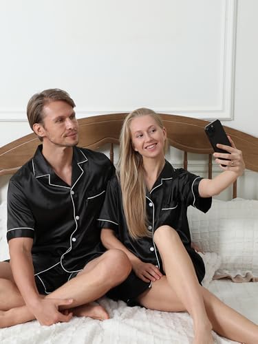 Image of Jecery 2 Piece Summer Pajamas for Women Man Soft Couples Matching Pjs Short Satin Button Down Sleepwear for Bride Groom Gift