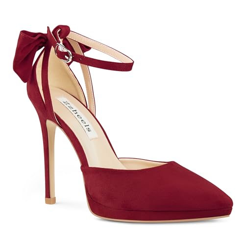 Zzheels Women's Pointed Toe Platform Stiletto Heels Bow Dress Heels Ankle Strap Pumps