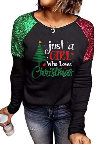 Women Leopard Christmas Trees Snowflake Sequined Splicing Blouse T Shirts Xmas Graphics Print Casual Long Sleeve Tees