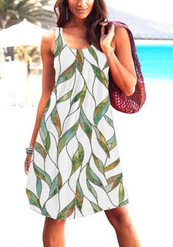 Image of Camisunny Women Casual Loose Tank Dresses Sleeveless Beach Vacation Dress Swing Pleated U Neck Fashion Soft