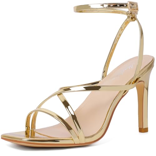 Mostrin Gold Strappy Heels for Women Open Square Toe Ankle Strap Heels Stiletto Lace Up Heeled...