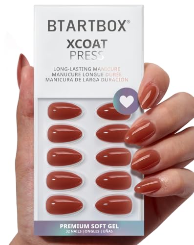 BTArtbox Press On Nails Short - Lamp-Curable Almond Press On Nails with Glue for Women Semi-Transparent Soft Gel Glue On Nails in 16 Sizes - 32 Stick On Nails Kit Spill Tea