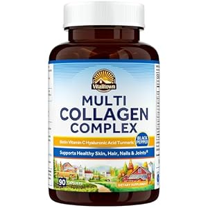 VITALITOWN Multi Collagen Complex, Type I, II, III with Biotin, Vitamin C, Hyaluronic Acid, Turmeric, Black Pepper for Skin, Hair, Nails & Joints, 90 Capsules, Non-GMO