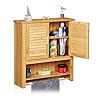 Relaxdays 10019204 Armoire pour salle de bain LAMELL Meuble mural Porte-serviettes 2 portes Étagère Bambou Rangement Fixation murale, nature 66 x 62 x 20 cm