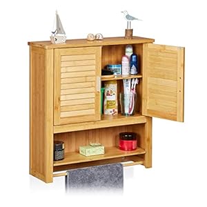Relaxdays 10019204 Armoire pour salle de bain LAMELL Meuble mural Porte-serviettes 2 portes Étagère Bambou Rangement Fixation murale, nature 66 x 62 x 20 cm