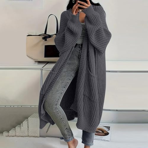 HSUAYEUD Strickjacke Damen mit Kapuze Langarm Grobstrick-Cardigan Open Front Sweater Herbst Winter Strickmantel Lang Strickcardigan Pullover mit Taschen Grau XL
