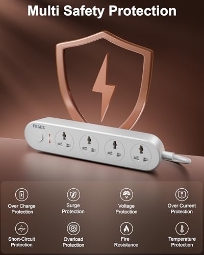 Image of FEDUS Surge Protector, 4 Universal Sockets with Switch, 2 Meter Long Cable, Extension Board Cord, Automatic Overload Protection, Fireproof Power Strip Switch Board, Spike Guard