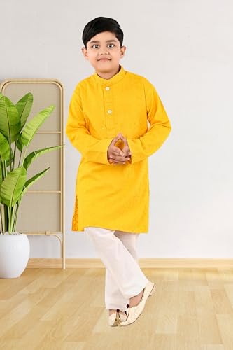 Image of Traditiona Kurta with White Pajama Set, Kids Ethnic Wear, Cotton Blend