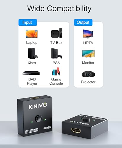 Image of Kinivo 8K HDMI Switch 2 in 1 Out - (Uni-Directional, 8K 60Hz, Ultra HD Switcher Hub, 48Gbps HDMI Hub, HDR10+ Selector, Manual Switching Only) - Compatible with HDTV, PS5 /4, Xbox, Projector