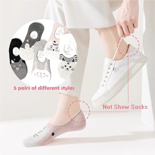 5 Pairs No Show Socks Women Cotton Invisible Liner Sock Low Cut Non Slip Cute Funny Animal Patterned Flat Boat Line Soft & Stretchable Gifts for Girl2