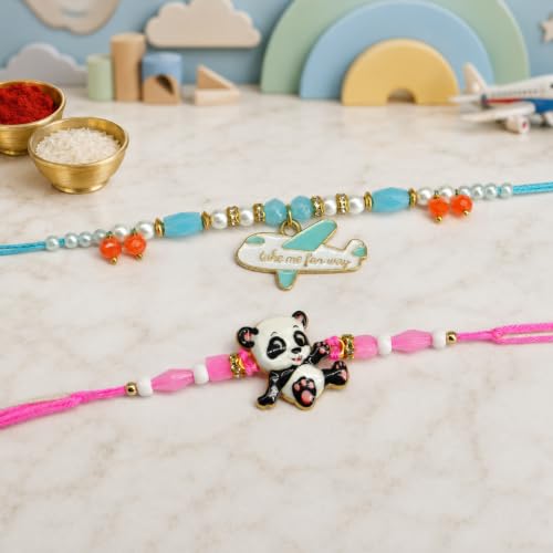 Image of Rakhi for Kids Brother, Rakhi Set of 2 for Brother Boys Baby Girls Kids, Designer rakhis for Children, Rakshabandhan Set with Greeting Card, Tilak Set, for Raksha Sutra for Child (M1-Kids Set)