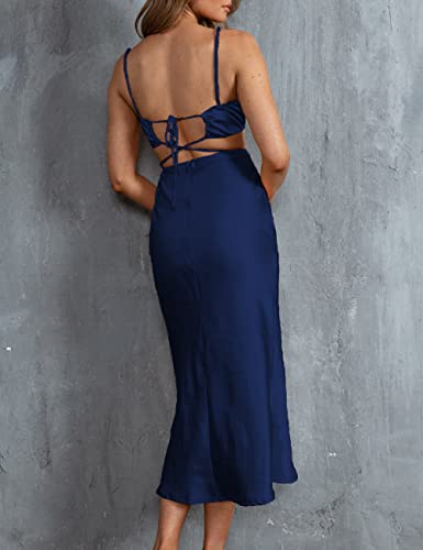 Image of Women Satin Cutout Slip Backless Maxi Dress V Neck Spaghetti Strap Bust Ruched Back Tie Strap Midi Dress for Wedding Guest Navy