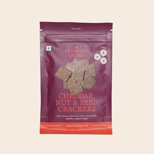 Image of The Cinnamon Kitchen Cheddar Nut & Seed Crackers (100g) |Gluten-Free Organic Crackers | Baked Not Fried | PCOS Diet Friendly | Protien 25g /100g |Healthy Crunchy Snack |Gluten Free |No Maida |No Dairy