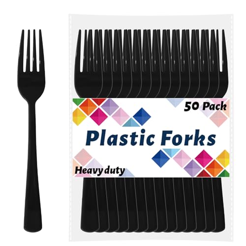 CXPSINC Black Plastic Forks Disposable 50 Count - 7.28 Inch Heavy Duty Disposable Cutlery Utensils Solid for Party Picnic Catering Daily Use & More (Black)
