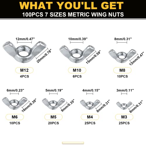 siptenk wing nuts 200pcs metric amp sae wingnuts 13 assorted sizes carbon steel zinc plated butterfly wing nut m3-m12 6-32 to 3834-16 fasteners hardware assortment kit