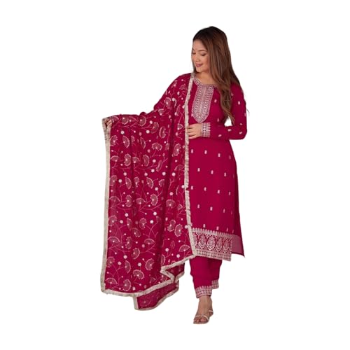 Kurta rouge brodé avec pantalon en georgette Shiv Textiles NK-VALAM-RED-P