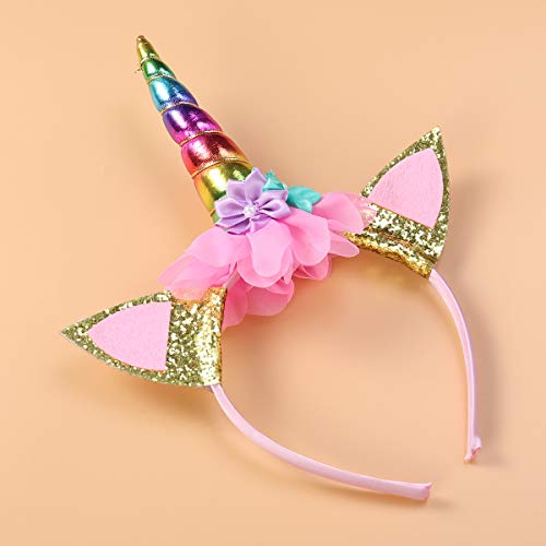 Tiara de unicórnio para crianças com orelhas de coelho com glitter feito à mão com flor de pano para