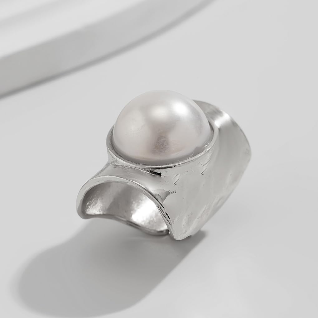 Rrdaily Chunky Gold White Pearl Statement Knuckle Ring for Women | Geometric,glossy,widen,vintage,bohemian,jewelry,wedding,daily,office,party,birthday,festival,gifts,chic
