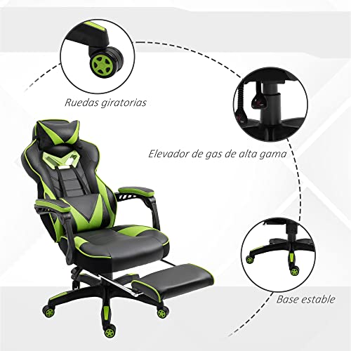 Vinsetto Silla Gaming Ergonómica Silla de Escritorio de Oficina Regulable en Altura Reclinable Respaldo con Reposapiés Reposacabezas Cojín Lumbar Ruedas 65x70x118,5-128,5 cm Verde - imagen 7