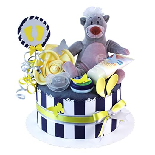 MomsStory – blöjtårta pojke | Baloo Bear Disney | Babygåva för födelse dopbaby shower | 1 rad (blå/grå) med plyschleksak haklapp dummy och mer