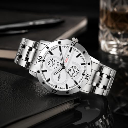 Image of Matrix Superior Analog Watch for Men | Black, Blue, Green & White Dial Stainless Steel Chain Strap Watch | Day & Date Display | Quartz Movement | Stylish Casual & Formal Wrist Watch for Boys & Men
