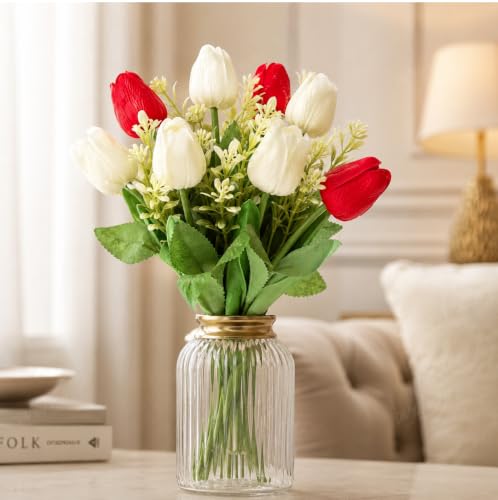 Image of Divyakosh Artificial Flowers Bunch (Vase Not Included). Artificial Flower for Vase Flower Bouquet Gift Red & White Tulip Artificial Flower Bouquet for Living Room, Dining Table, Floral Arrangement