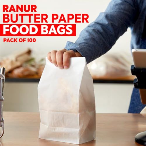 Image of RANUR Butter or Parchment Paper Bags for Food Snack, Sandwich Pastry, Glassine, Wax Cookie, Size 13 cm X 28cm X 8 cm, L X H X W White Colour Pack of 100