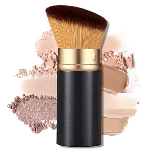 Retractable Kabuki Makeup Brush - All-in-One Travel Foundation, Powder, Blush, Liquid & Cream Face Brush | Portable & Easy to Use for Women & Beginners (Black)