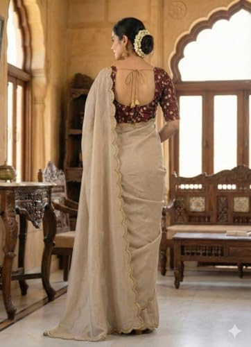 Image of Chinon Silk Saree with Embroidered Blouse, Traditional Georgette Saree, Elephant Embroidery Pattern, V-Neck Design, Free Size, Festival Wear