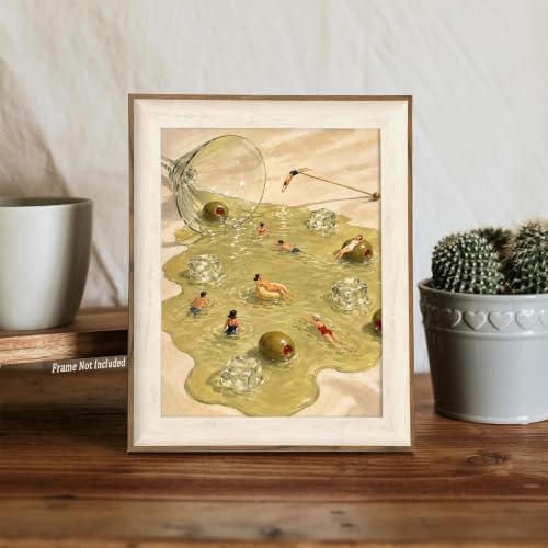 Unframed Wall Art, Surreal Cocktail Pool Illustration Canvas Print, Vintage Summer Drink Artwork with Miniature Swimmers and Olive Green Aesthetic, Unique Modern Home Decor for Living Room Bar Kitchen - 8" X 10" — 사진 7
