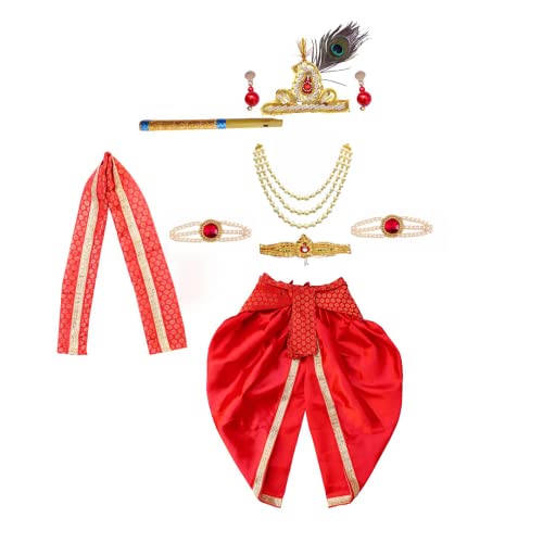 Image of ITSMYCOSTUME Krishna Dress for Baby Boy Kids Set of 10(Dhoti,Hip Cover,Patka,Mukut,Morpankh,Bansuri,Kamarband,Bajuband,Kundal) Little Krishna Ji Kanha Janmasthmi Costume