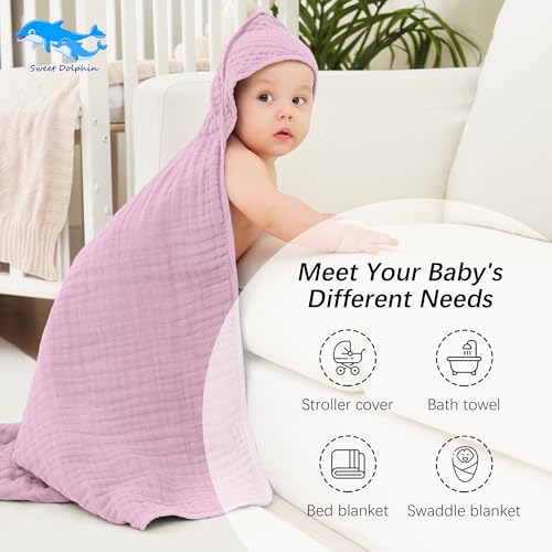 Image of SWEET DOLPHIN Muslin Hooded Baby Bath Towels - 2 Pack 100% Cotton Towel for Babies, Infants, Toddlers - 32x32Inch - Highly Absorbent and Newborn Essential, Light Sakura