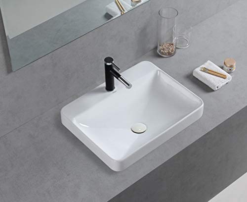 Winzo Wz6123 Drop-In Bathroom Sink, Rectangle Semi-Recessed Porcelain Vanity Basin Single Faucet Hole White #TOP5