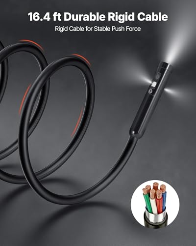 Image of VEVOR Triple Lens Endoscope with Light, 5 inch HD IPS Screen Industrial Borescope, 1280 x 720 Lens, 8 + 2 LEDs, 8X Zoom, IP67 Waterproof Inspection Snake Camera for Auto, Plumbing (16.4FT Rigid Cable)