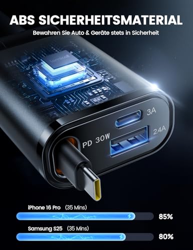 Lamicall 3 IN 1 Zigarettenanzünder USB C Auto Ladegerät -【2026 Super Kompakt】50W USB Adapter Auto Schnellladegerät mit einziehbare Typ-C Kabel/USB C/USB A, 24/12V KFZ Ladegerät Auto für iPhone/Samsung – Bild 4