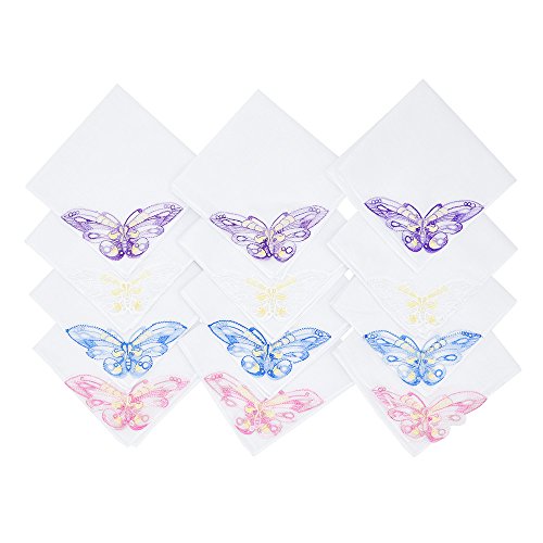 Selectedhanky Women's Cotton Handkerchiefs With Butterfly Lace At Corner, Ladies Hankies 12 Pcs #TOP2