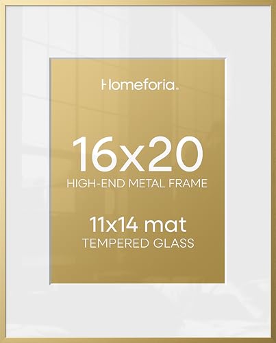 Image of Homeforia 16 x 20 Picture Frame Gold, High End Metal 16x20 Poster Frames with Mat 11x14 Photo, 16 x 20 Gold Frame Matted to 11 by 14 Print, 20x16 Thin Hanging Frame, Tempered Glass, Wall Kit, Set of 1