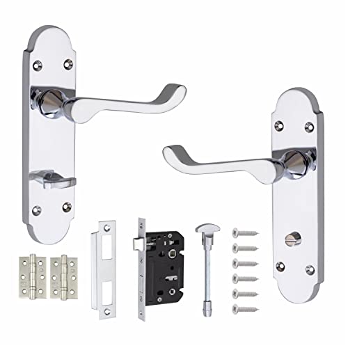 Image of Golden Grace Victorian Epsom Design Scroll Door Handles Bathroom WC Toilet Complete in Polished Chrome with (GG) Bathroom Mortise Lock & 1 Pair of 3" Ball Bearing Hinges