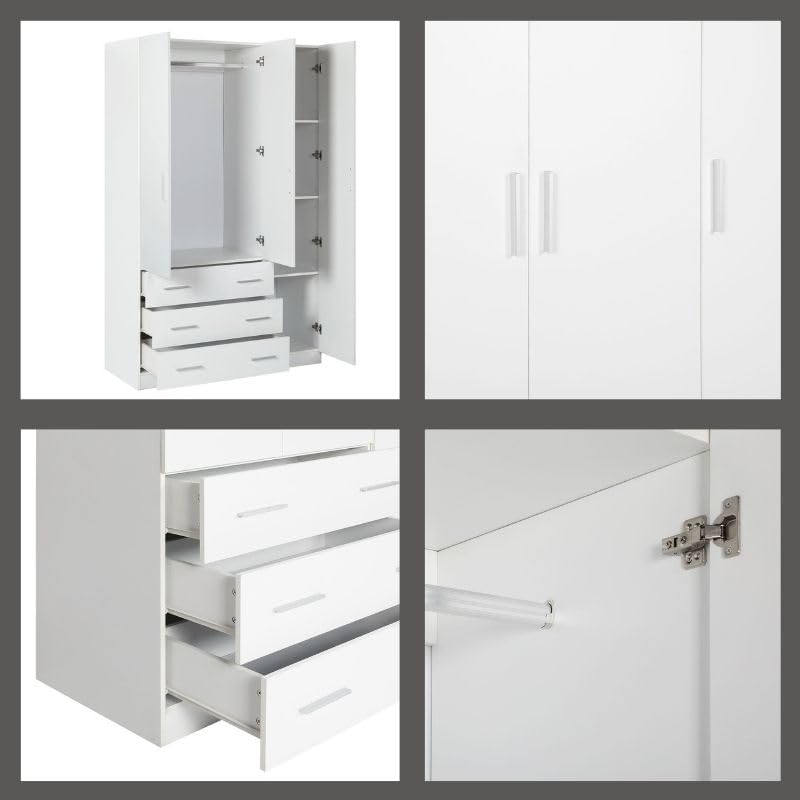Buyqualia Armario Ropero Blanco 200x120x58 cm con 3 Puertas y 3 Cajones – Armario de Dormitorio Amplio y Funcional